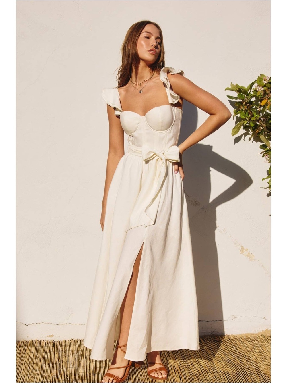 Cream Tie-Waist Maxi Dress with Ruffle Straps